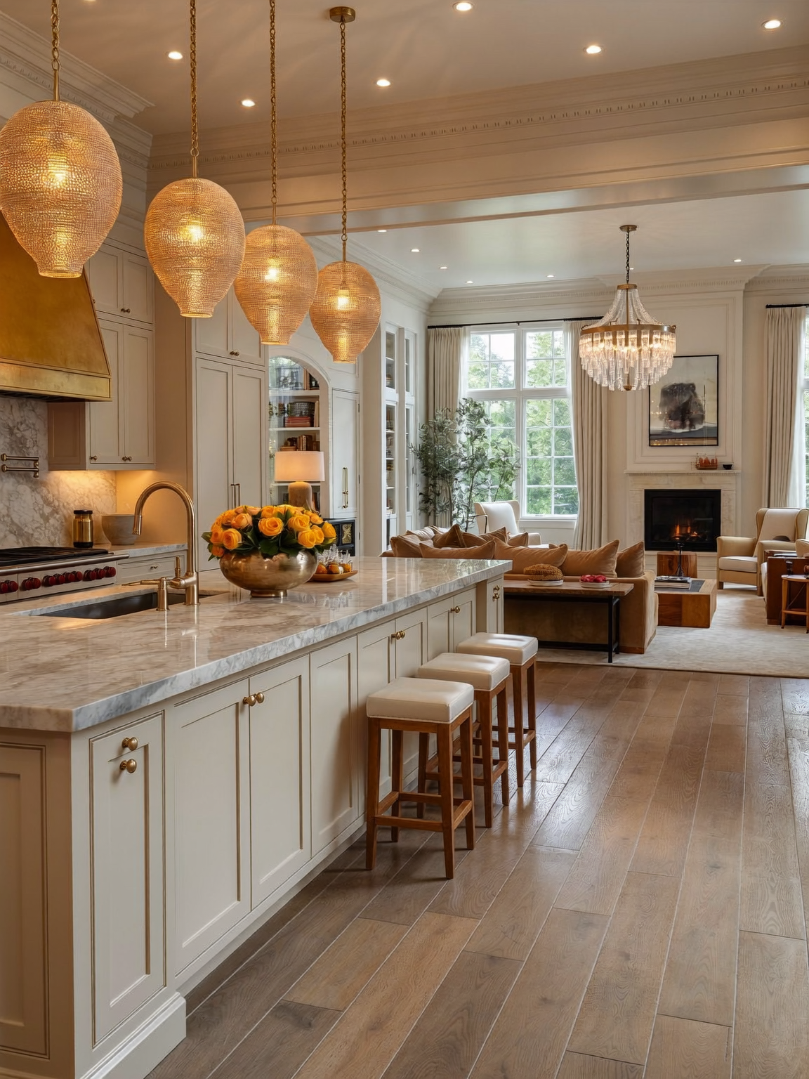 Remodeled open-concept kitchen and living room with brass pendant lighting