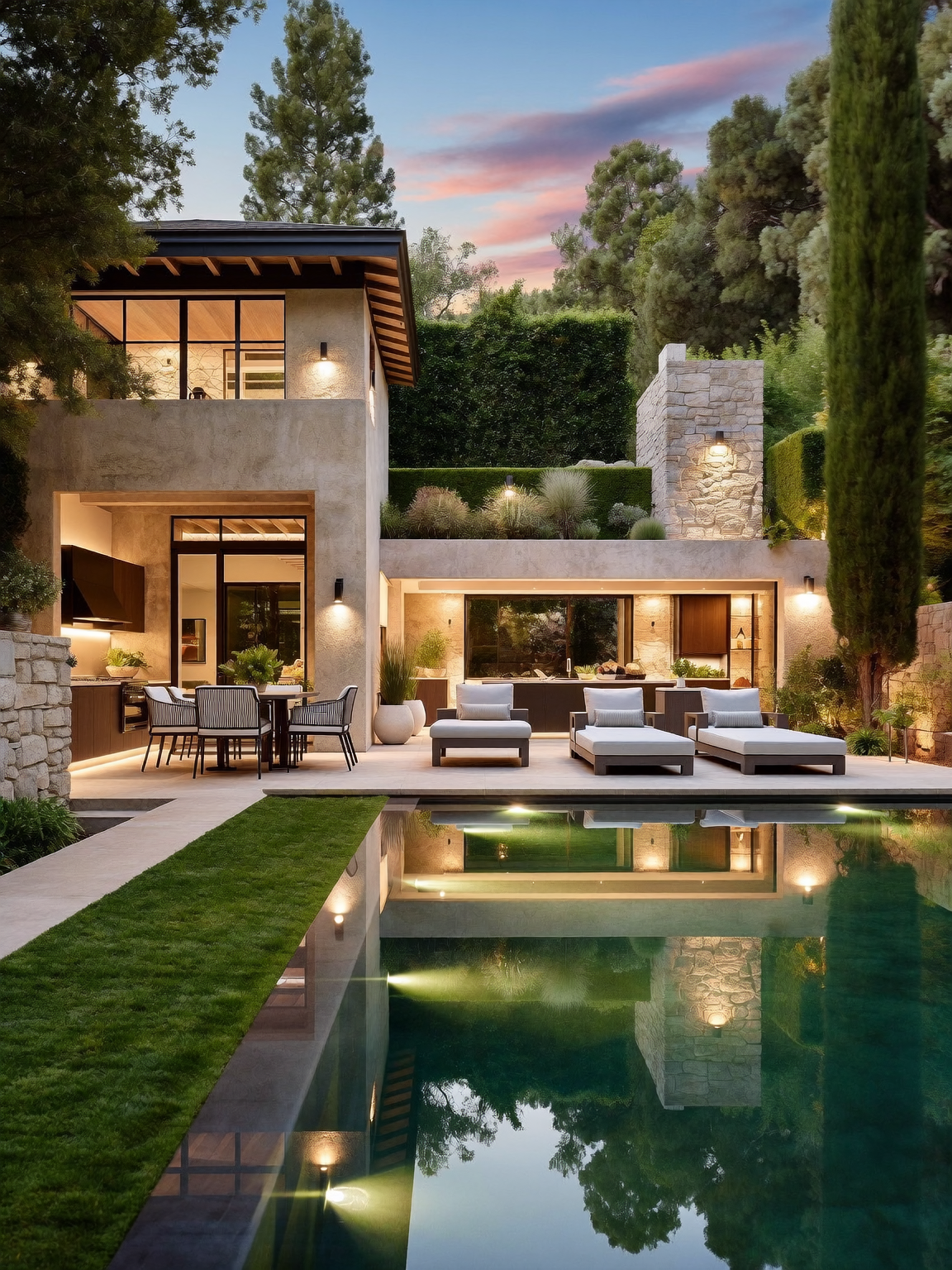 Twilight view of a remodeled Los Angeles backyard with pool, lounge seating, and an outdoor kitchen